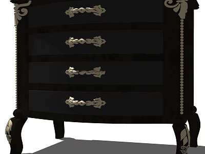 Vintage Dark Wood Nightstand With Four Drawers Golden Handles And Carved Legs 3d model