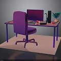 Purple Home Office Desk And Chair With Computer Lamp Plant And Apples