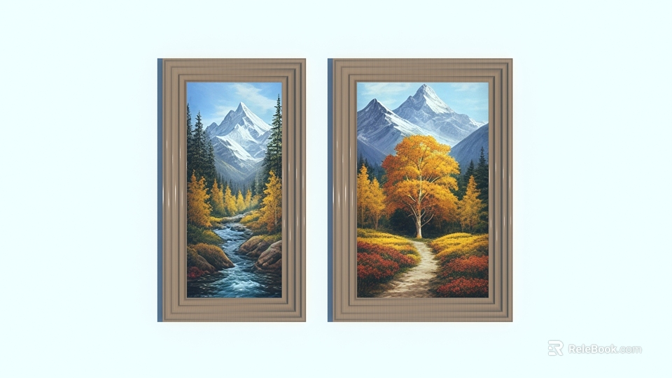 Framed Landscape Paintings With Snowy Mountains Stream Pine Trees Yellow Foliage And Path 3d model 