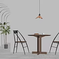 Modern Wooden Table And Metal Chairs With Hanging Lamp And Plant In Arched Room