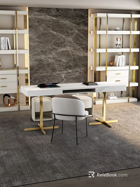 Modern White Desk With Gold Legs And Matching Bookshelves Chairs And Rug 3d model 