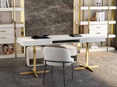 Modern White Desk With Gold Legs And Matching Bookshelves Chairs And Rug 3d model