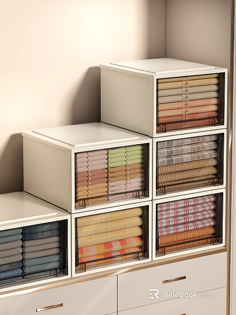 Neatly Folded Colorful Clothes In White Storage Boxes With Striped And Plaid Patterns 3d model 