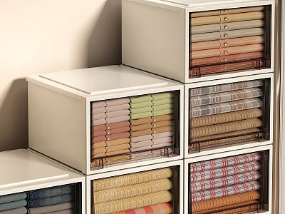 Neatly Folded Colorful Clothes In White Storage Boxes With Striped And Plaid Patterns 3d model
