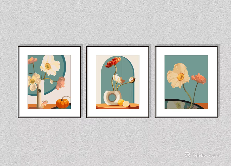 Framed Botanical Paintings With Blue Background Flowers Vase And Fruits For Home Wall Decor 3d model 