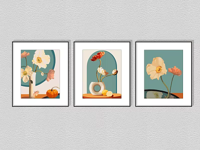 Framed Botanical Paintings With Blue Background Flowers Vase And Fruits For Home Wall Decor 3d model