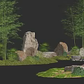 Rustic Stone and Wood Landscape with Bamboo Trees Moss Greenery and Grass Patches