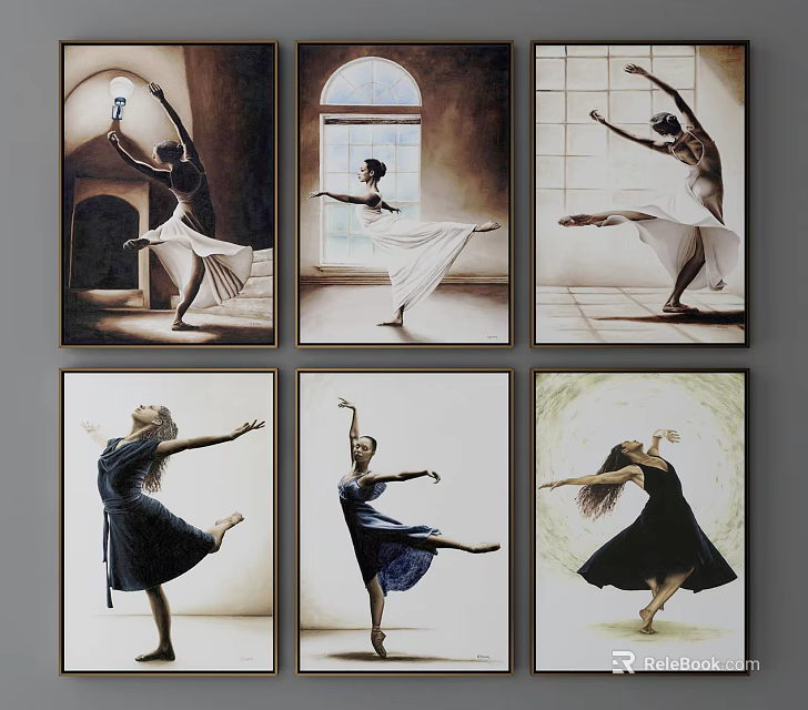 Elegant Figure Paintings Of Dancers In Various Ballet Poses With Arch Window Background 3d model 