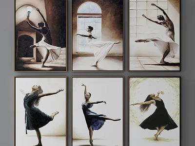 Elegant Figure Paintings Of Dancers In Various Ballet Poses With Arch Window Background 3d model