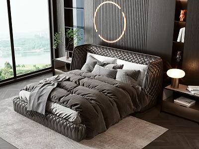 Modern Double Bed With Quilted Leather Headboard And Dark Bedding Near Lake View Window 3d model