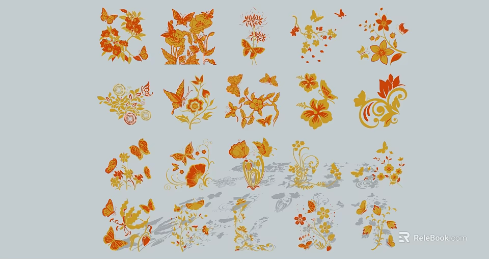 Decorative Ornament Set with Colorful Flowers Butterflies and Leaves for Home Decoration 3d model 