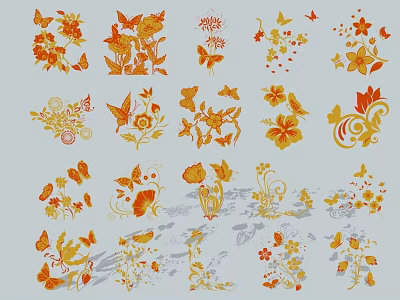 Decorative Ornament Set with Colorful Flowers Butterflies and Leaves for Home Decoration 3d model