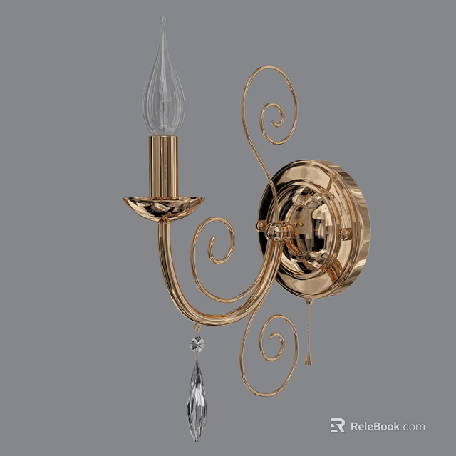 Elegant Gold Wall Lamp With Curved Metal Design And Crystal Pendant 3d model 