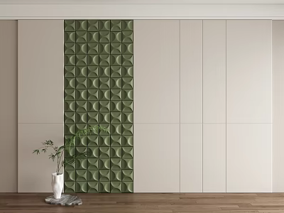 Green Geometric Pattern Accent Wall With Light Cabinets White Vase And Plant On Wooden Floor 3d model