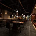 Traditional Japanese Restaurant Interior With Wooden Decor Lanterns Masks And Seating Area