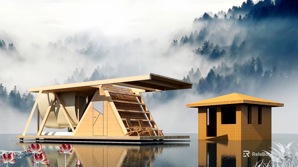Detached Villa on Calm Water with Wooden Structure Misty Mountains and Lotus Flowers 3d model 