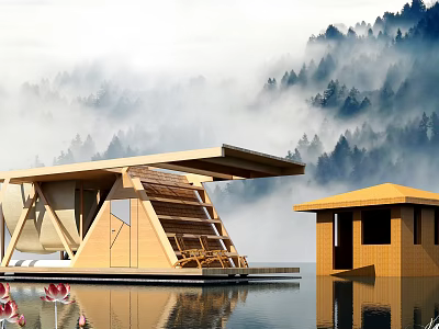 Detached Villa on Calm Water with Wooden Structure Misty Mountains and Lotus Flowers 3d model