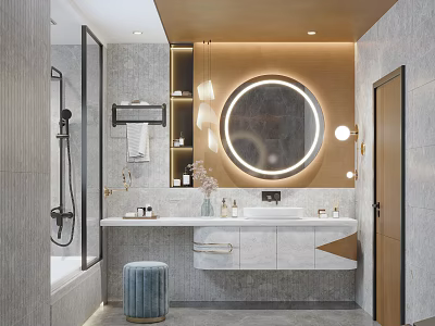 Modern Bathroom Interior With Backlit Round Mirror Marble Vanity And Glass Partition 3d model