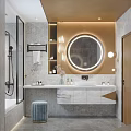 Modern Bathroom Interior With Backlit Round Mirror Marble Vanity And Glass Partition 3d model