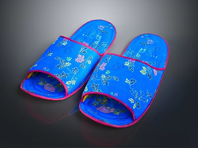 Blue Slippers with Floral Pattern and Pink Trim for Comfortable Daily Wear 3d model