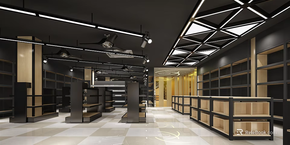 Modern Supermarket Interior With Spacious Layout Shelves And Geometric Ceiling Lighting 3d model 
