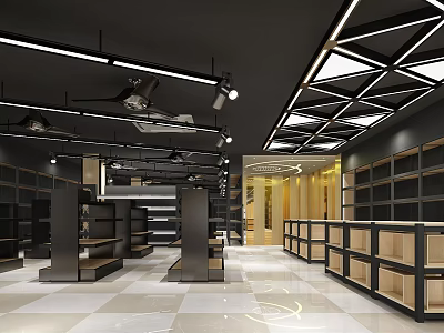 Modern Supermarket Interior With Spacious Layout Shelves And Geometric Ceiling Lighting 3d model