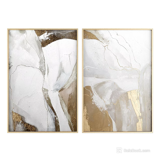 Two Panel Framed Abstract Paintings in White and Gold with Marble Texture 3d model