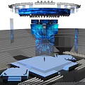 Night Illuminated Architectural Structure With Blue Radial Beams And Firework Decorations