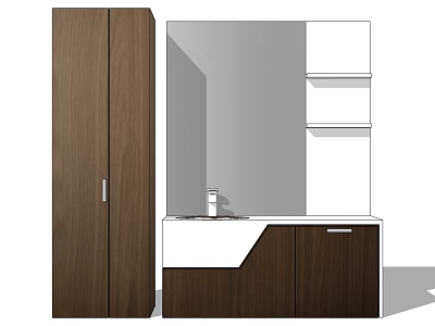 Modern Washbasin Vanity With Brown Cabinet White Countertop Faucet Mirror And Shelves 3d model