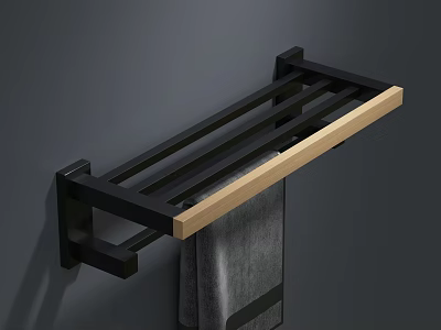 Bathroom Accessories Black Towel Rack With Wooden Accent And Gray Towel Wall Mounted 3d model