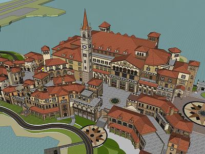 Traditional Commercial Street With Red Roofs Clock Tower And Central Plaza 3d model