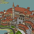 Traditional Commercial Street With Red Roofs Clock Tower And Central Plaza