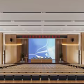 Modern Tiered Conference Room With Blue Seats Wooden Walls And Large Windows
