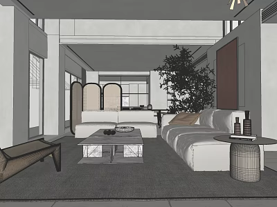 Modern Minimalist Living and Dining Area With Large Windows Sofa Coffee Table and Green Plant 3d model
