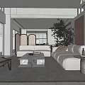 Modern Minimalist Living and Dining Area With Large Windows Sofa Coffee Table and Green Plant