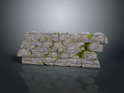 Wood and Stone Natural Wall with Green Moss Covered Irregular Stone Blocks Texture 3d model