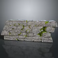 Wood and Stone Natural Wall with Green Moss Covered Irregular Stone Blocks Texture
