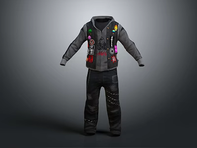 Hooded Jacket With Colorful Patches And Dark Pants Streetwear Fashion Design 3d model