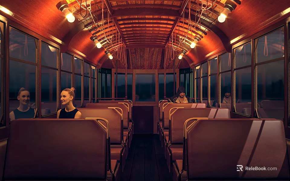 Warm Red Lit Bus Interior With Passengers Rows Of Seats And Windows 3d model 