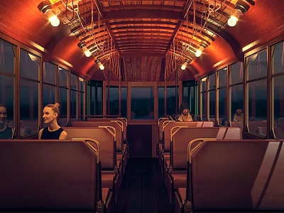 Warm Red Lit Bus Interior With Passengers Rows Of Seats And Windows 3d model