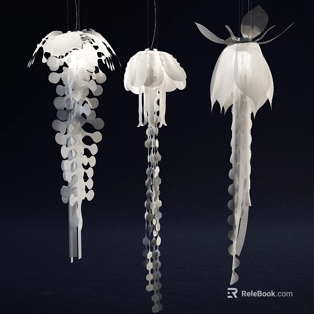 Artistic Unique Shaped Pendant Lights With White Petal Design And Dangling Tassels 3d model 