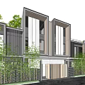 Modern Townhouse Exterior Design With Glass Windows Black And Wooden Facade And Green Trees
