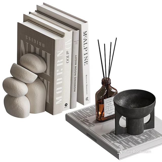 Modern Decorative Ornament Set With Tray Books Diffuser Bottle And Stone Decor For Home Styling 3d model 