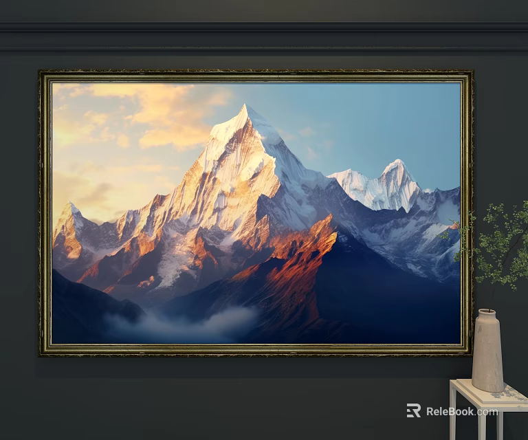 Golden Light Snowy Mountain Landscape Painting with Clouds and Gold Frame 3d model 