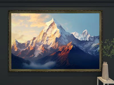 Golden Light Snowy Mountain Landscape Painting with Clouds and Gold Frame 3d model