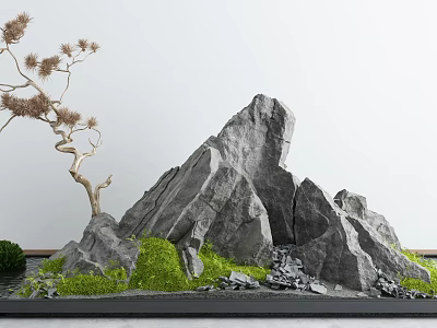 Garden Courtyard With Large Rock Formation Decorative Tree Green Mossy Grass And Small Stones 3d model