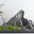 Garden Courtyard With Large Rock Formation Decorative Tree Green Mossy Grass And Small Stones