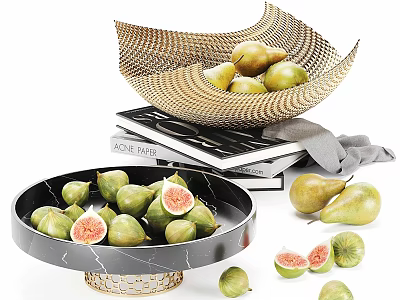 Elegant Decorative Ornament Set With Woven Bowl Pears Black Marble Bowl Figs Books And Cloth 3d model