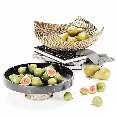Elegant Decorative Ornament Set With Woven Bowl Pears Black Marble Bowl Figs Books And Cloth 3d model