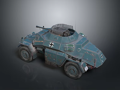 Military Armored Vehicle With Four Wheels Mounted Machine Gun And Open Grid Hatch 3d model